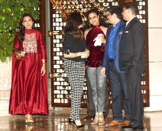 Juhi Chawla smiles for the cameras at Mukesh Ambani's bash welcoming London Mayor Sadiq Khan