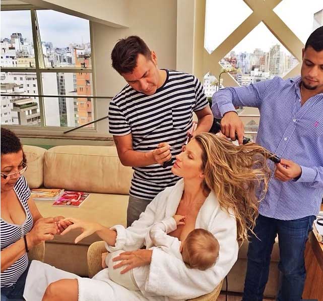 Gisele Bundchen: Supermodel Gisele Bundchen's role as multitasking mom got applauds for herself getting her hair, makeup, and nails done, all while breastfeeding little Vivian. Breastfeeding is the most nutritious, natural, economical and least contaminated food that a new mother can provide to her new-born.