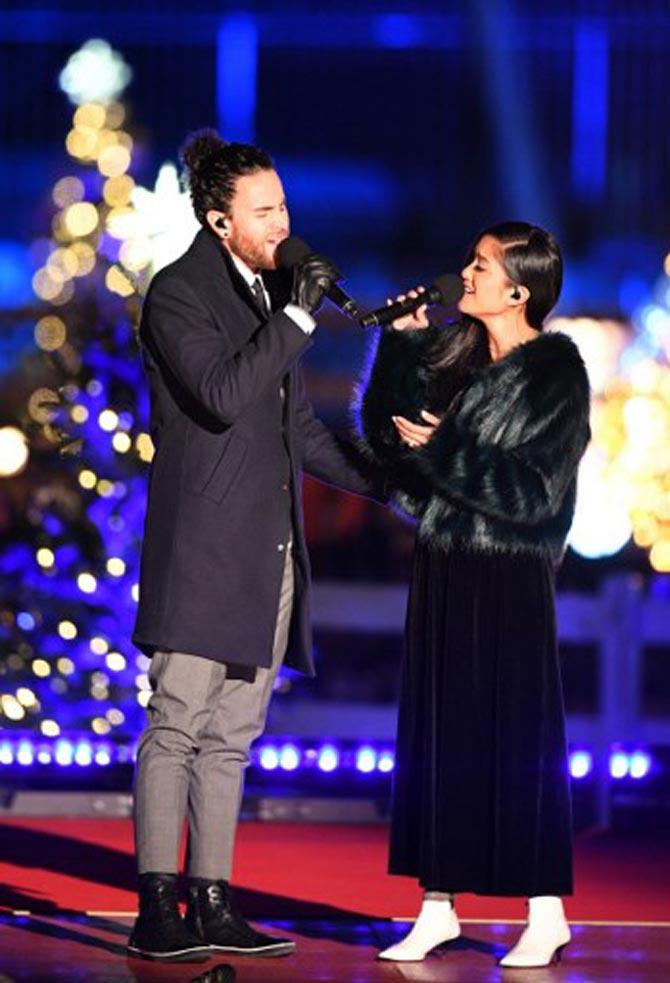 Us The Duo perform during the 95th annual National Christmas Tree Lighting ceremony at the Ellipse in President's Park near the White House in Washington, DC on November 30, 2017