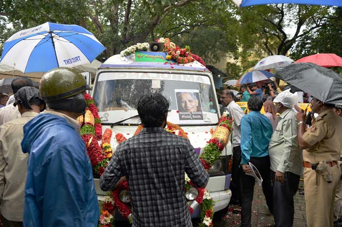 Gauri Lankesh, 55, was on Tuesday night shot dead by three unidentified men who fired seven bullets at her as she returned home from her office in the city. Two bullets hit her in the chest and one in the forehead