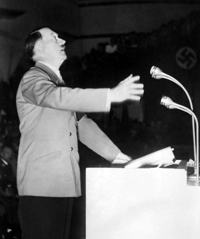 German Nazi Chancellor Adolf Hitler (1889-1945) gives a speech in a picture released in 1938.