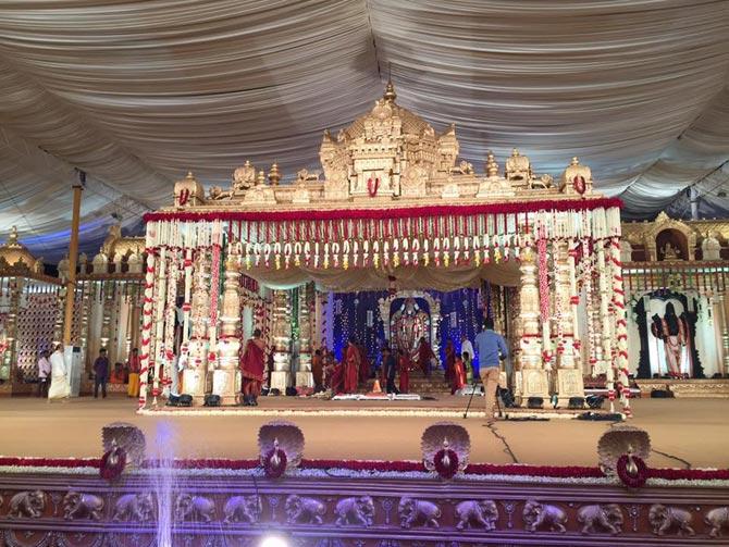 Palace grounds that plays host to grand weddings presented almost a surreal picture as Bramhani entered into wedlock with Rajeev Reddy, a leading businessman's son from Andhra Pradesh, with rituals conducted by a battery of priests from the famous Tirumala temple.
