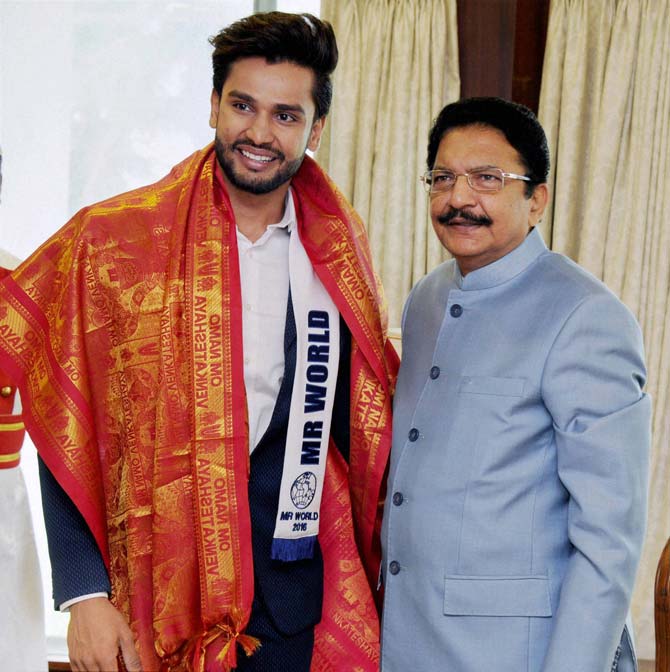Maharashtra Governor C Vidyasagar Rao greets Mr World 2016 Rohit Khandelwal at the Raj Bhavan in Mumbai 