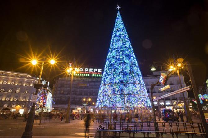 This bright and welcoming Christmas tree stands at Puerta del Sol in Spain's capital of Madrid