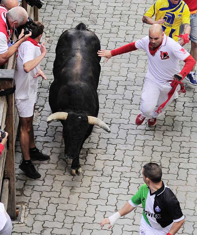 Participants run ahead of Jandilla's fighting bulls on the fifth day of the San Fermin bull run festival in Pamplona.