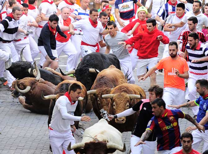 Every afternoon between July 6 and 14 there is a bullfight in which the 6 bulls that have been driven to the bullring during the bullrunning of that day are killed.