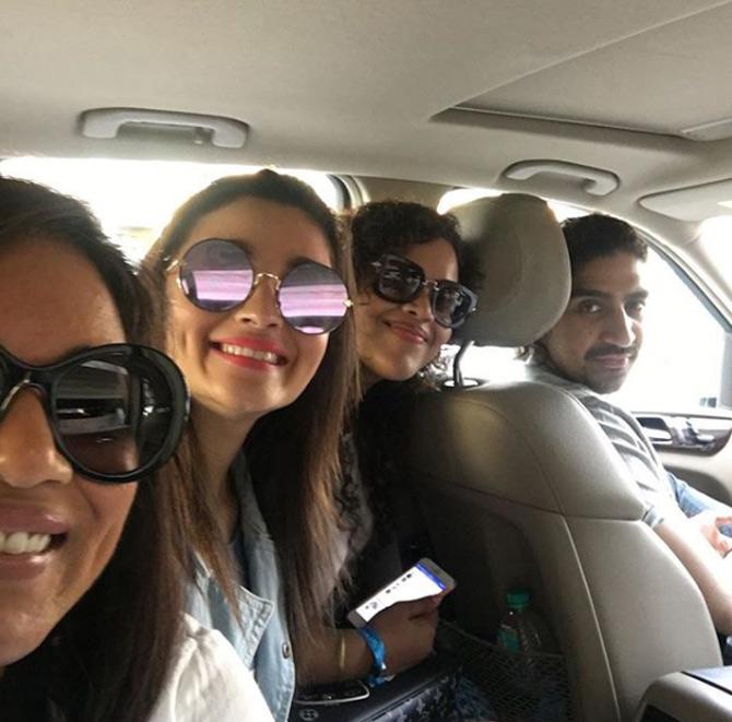 Pooja Shetty posted this photo along with Alia Bhatt and Ayan Mukherjee and captioned it: We had fun... inspite of a really bad production.. #resilience... #bieber    