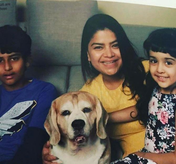 Poonam Mahajan is a self-confessed dog lover. In Picture: Poonam with her two kids and her pet Labrador retriever, Biscuit