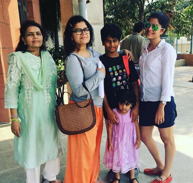Poonam Mahajan's family supports her in all aspects of her life. In this picture, the Poonam's mother Rekha attended a school function along with Poonam and her 2 kids