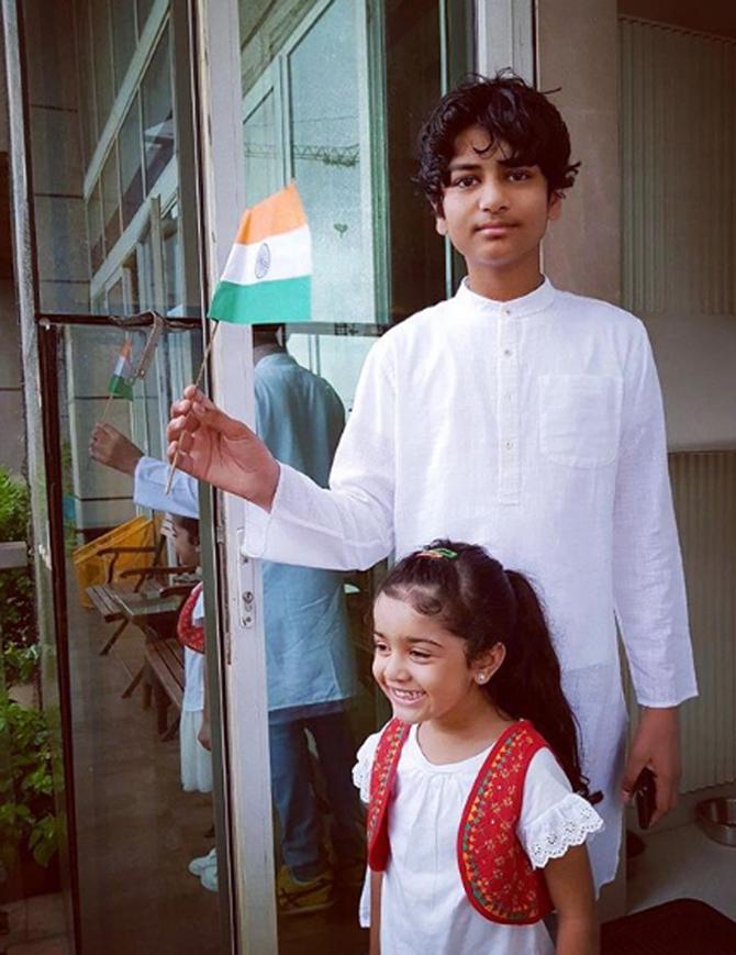 Poonam Mahajan instills a sense of patriotism and citizens' duty in her children as well. They are pictured here celebrating India's Independence Day