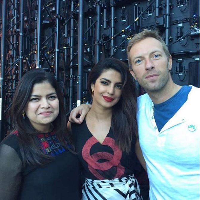 Poonam Mahajan is seen here with Priyanka Chopra and Chris Martin in New York at the Global Citizens concert