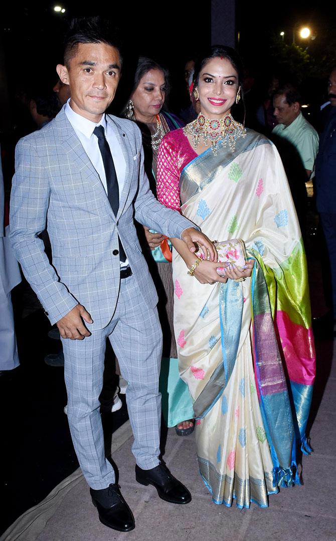 Sunil Chhetry with wife Sonam Bhattacharya attended Poorna Patel's wedding reception with Namit Soni in Mumbai