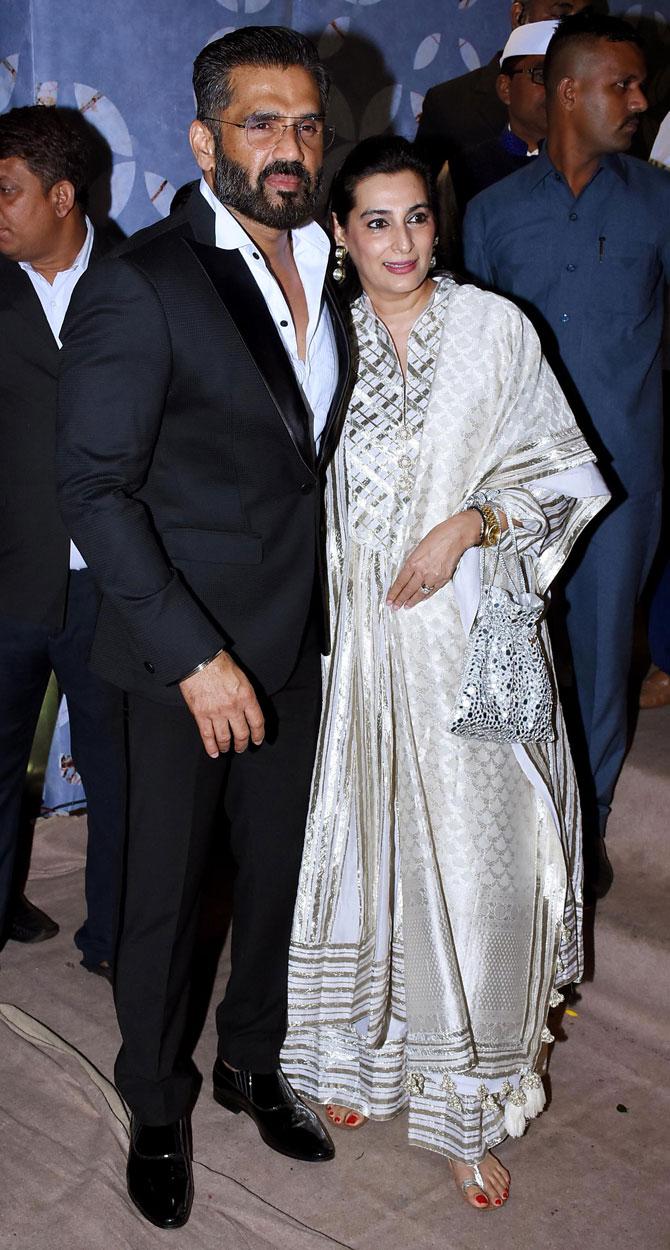 Suniel Shetty with wife Mana Shetty attended Poorna Patel's wedding reception with Namit Soni in Mumbai