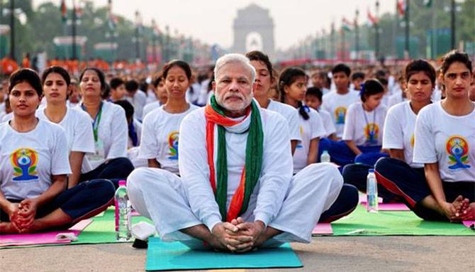 Prime Minister Narendra Modi is a regular practitioner of Yoga. He is seen here practising the art at a national meet on International Yoga Day