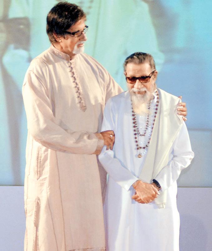 Amitabh Bachchan and Bal Thackeray during the launch of Umeed, a music album by grandson Aditya Thackeray. Picture/Nimesh Dave
