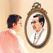 A photoshopped image shows Raj Thackeray looking into the mirror, which throws back a portrait of Bal Thackeray