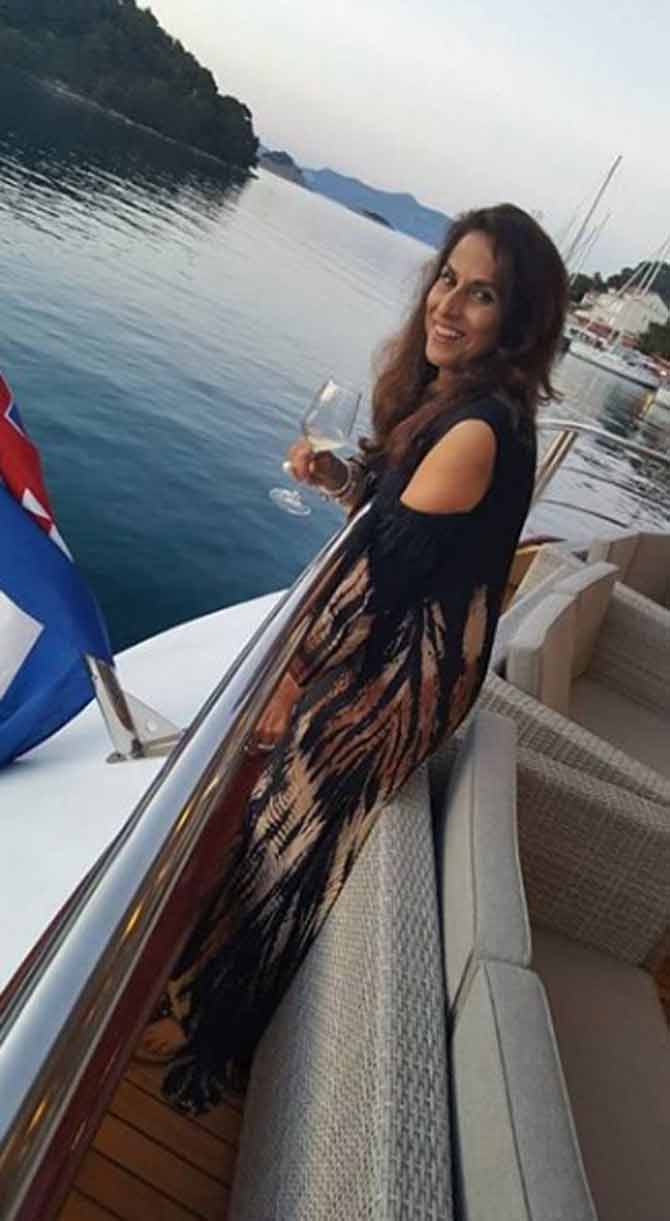 Shobhaa De is seen here enjoying the fresh ocean air in Dimpy Gujral's cold shoulder cruise line