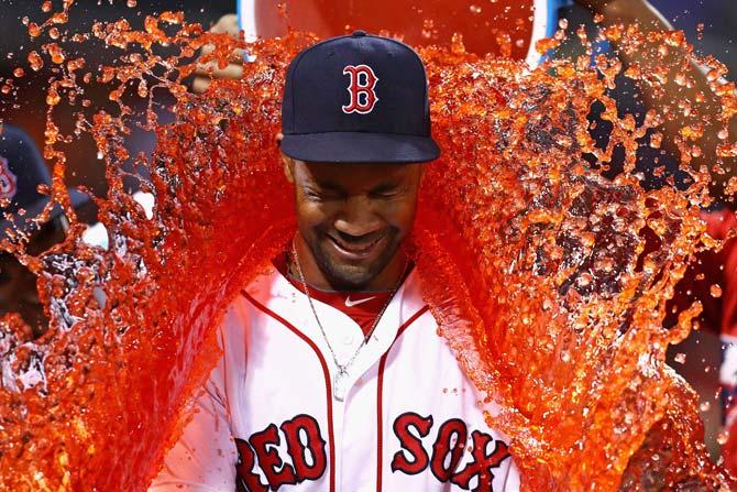 Chris Young of the Boston Red Sox is doused in Powerade after the Boston Red Sox defeat the Baltimore Orioles 12-2 at Fenway Park on September 12, 2016 in Boston, Massachusetts. Pic/AFP