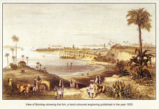 View of Bombay, a handcoloured engraving published in 1833