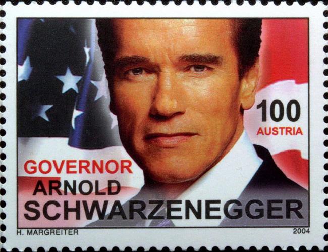 The Austrian-born US California Governor Arnold Schwarzenegger stamp released by the Austrian postal service to mark his 57th birthday. (Pic-AFP)