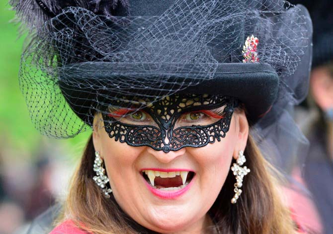 Treffen is the German word for 'meeting'. Pictured: A reveller donning a vampire-themed costume at the Wave-Gotik-Treffen (WGT) festival