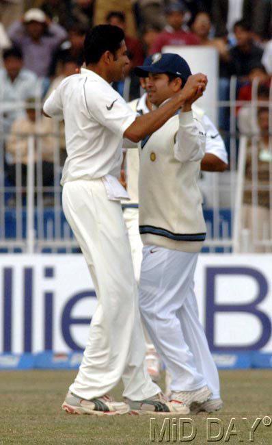 During the game against Pakistan in Ferozshah Kotla, where Anil Kumble scalped his record 10 wickets in an innings, a superstitious Tendulkar, handed Kumble's cap and sweater to the umpire before the latter began his over. Kumble picked up a wicket each time Sachin did so.