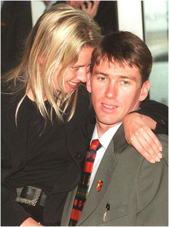 Endearing memories: This photo, taken on May 10, 1997, shows Australian right-arm fast bowler Glenn McGrath (R) hugging his future wife Jane (L) before departing from Sydney International Airport for a three-month Ashes tour of England. Unfortunately, Jane died in Sydney on June 22, 2008, after a decade-long battle with cancer.