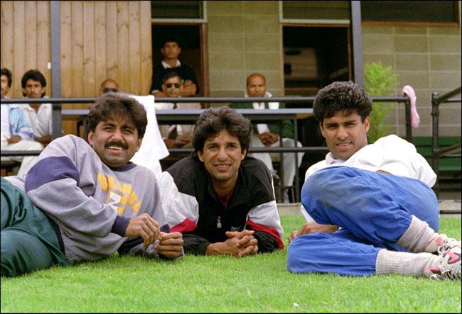 Terrific trio: Javed Miandad, Wasim Akram and Waqar Younis relax during the Pakistan vs South Africa one day international at the Manuka Oval in Canberra February 15, 1992