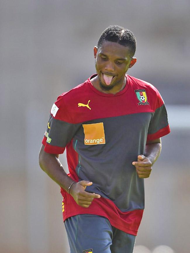 Cameroon's forward Samuel Eto'o makes a funny face during a training session