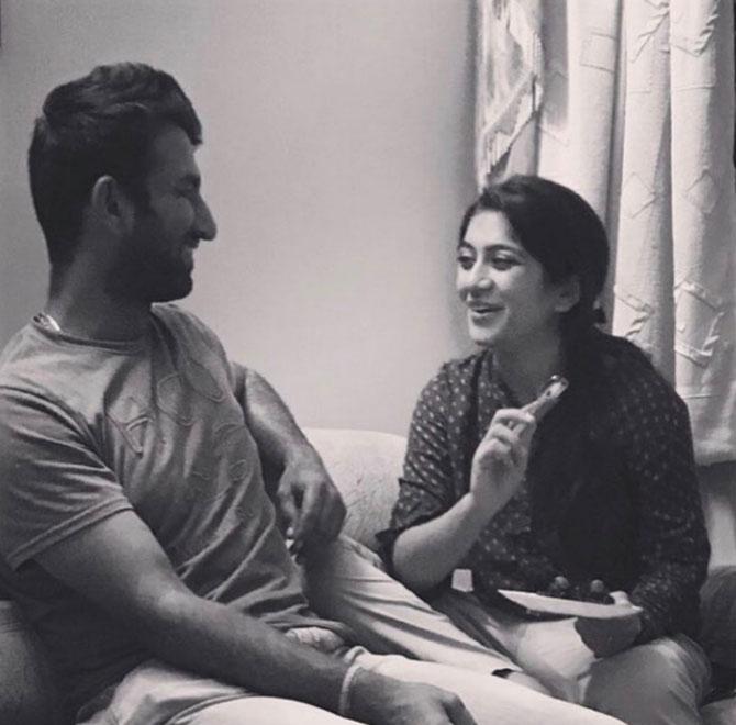 Cheteshwar Pujara captured candid in conversation with the wife. He captioned, 'Simple joys of being home #simplejoys #igers #candidclick #home'