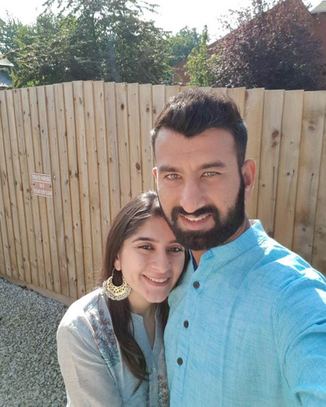 Cheteshwar Pujara who is a certified romantic on Instagram, loves to posts photos of himself and his wife Puja Pabari. In pic: Cheteshwar Pujara shared this adorable picture, captioned, 'Not to brag, but I think we're really cute together. #Ethnic #MeAndYou #weddingshenanigans'
