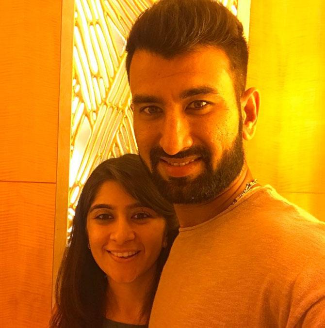 Cheteshwar Pujara is all smiles in this selfie with wife Puja Pabari. Who's smile do you think is better?