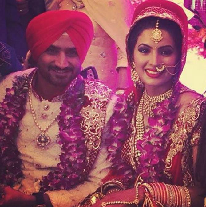 Harbhajan Singh-Geeta Basra Indian spinner Harbhajan Singh and Bollywood actress Geeta Basra were married in a gurudwara in October 2015. The mehendi and sangeet ceremony was held at the Punjab cricketer's home. After the wedding, the couple organized a grand reception which was attended by many cricketers and Bollywood celebrities. Harbhajan and Geeta have a daughter named Heer Hinaya Plaha. (Pic/ Harbhajan Singh's official Instagram account)