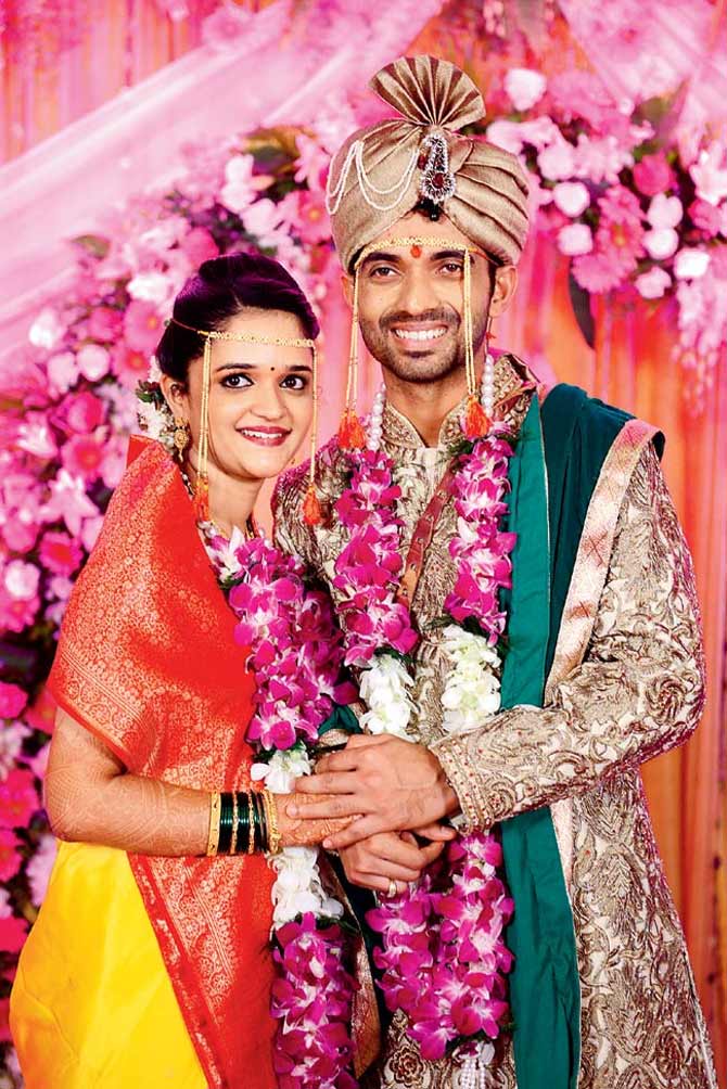 Ajinkya Rahane-Radhika Dhopavkar Indian batsman Ajinkya Rahane tied the knot with his childhood friend Radhika Dhopavkar in September 2014. It was an arranged marriage and took place in Mumbai