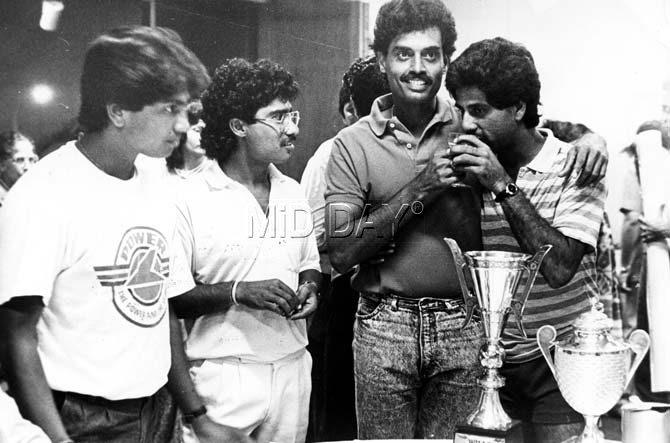 Dilip Vengsarkar played 116 Test matches scoring 6,868 runs at an average of 42.13. In picture: Dilip Vengsarkar celebrating the title triumph in the 1988 Asia Cup in Bangladesh with teammates