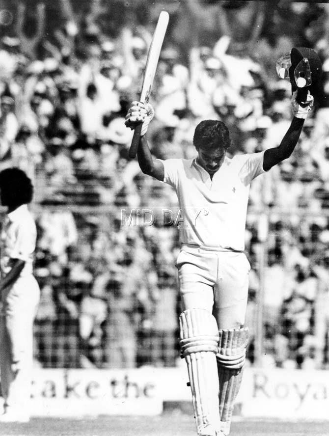 Dilip Vengsarkar has played 129 ODI matches scoring a total of 3,508 runs at an average of 34.73. In picture: Dilip Vengsarkar after scoring his 100 against West Indies at the Wankhede during the 1983-84 series