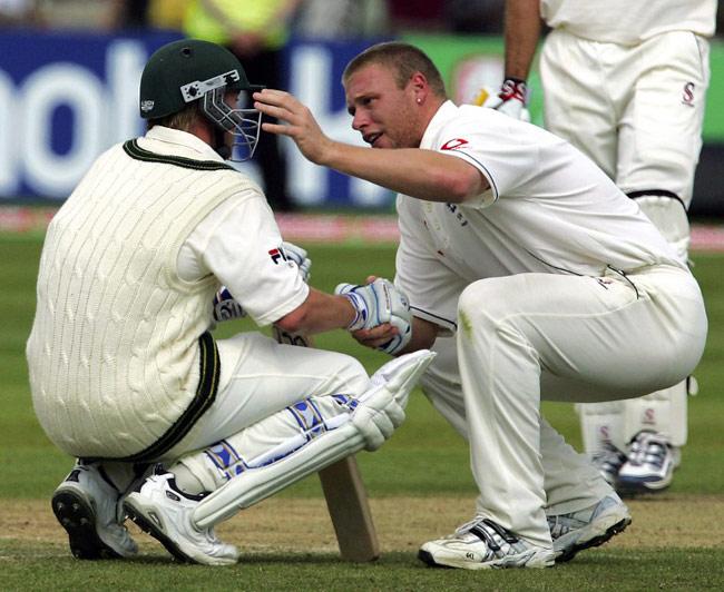 Hard luck, mate: Andrew Flintoff's much-appreciated gesture of consoling Brett Lee following England's two-run win at Edgbaston during the memorable 2005 Ashes series remains among the most touching moments on a cricket field