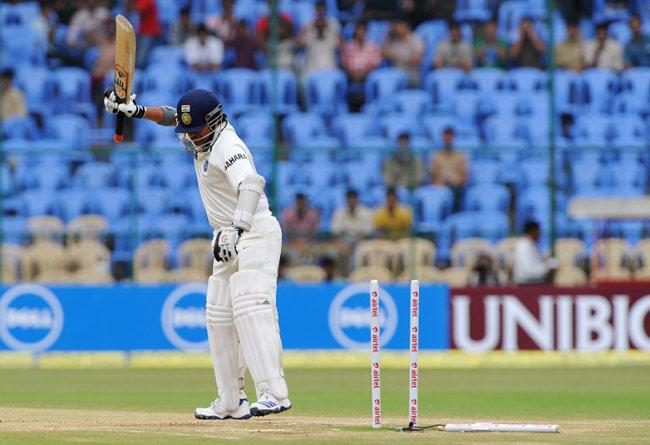 Oh no, not again: Sachin Tendulkar is livid with himself after being worked over by Tim Southee at Bangalore on day four of a Test against New Zealand in September 2013. Sachin scored 27.