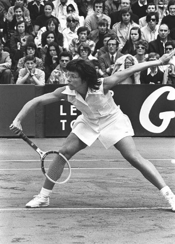 American tennis player Billie Jean King is seen in action