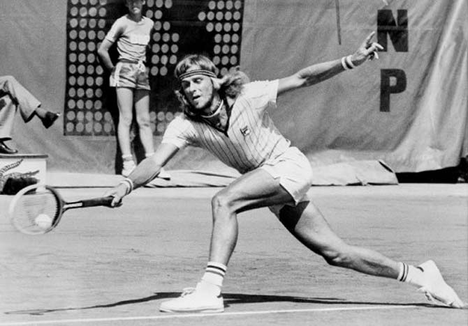 Swedish Bjorn Borg returns a forehand to his opponent French Francois Jauffret during their match