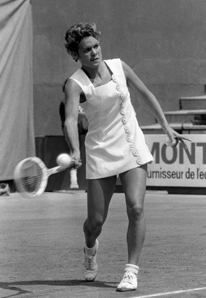 Australian tennis player Evonne Goolagong hits a forehand