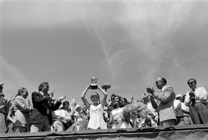 British Sue Barker holds up her trophy after defeating Czech Renata Tomanova at Roland Garros