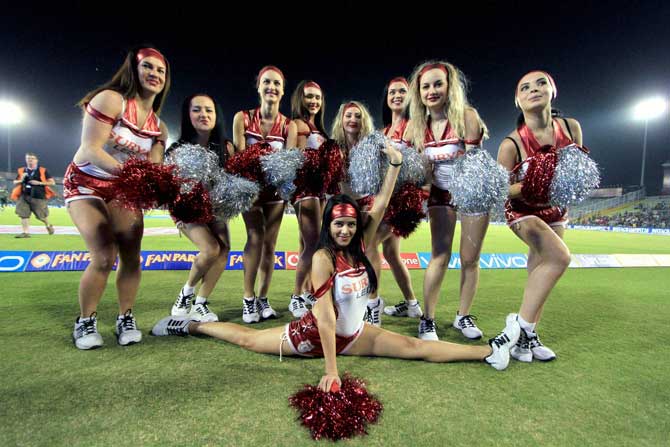 Kings XI Punjab cheerleaders pose during the Indian Premier League 2016 match between the Kings XI Punjab and the Kolkata Knight Riders, in Mohali. Pic/PTI