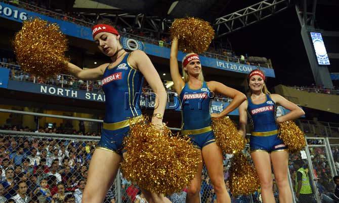 Mumbai Indians' cheerleaders dance away during a match