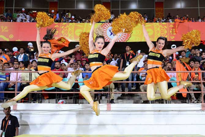 Guajrat Lions' cheerleaders during IPL match in Rajkot. Pic/PTI/SPORTZPICS