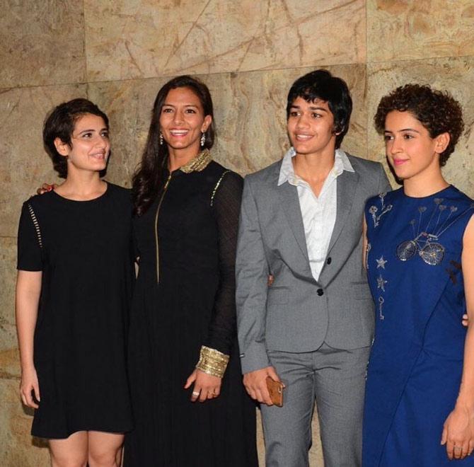 Geeta Phogat and Babita Kumari with actresses Fatima Sana Sheikh (left) and Sanya Malhotra (right). Fatima and Sanya portrayed Geeta and Babita respectively in the Bollywood film 'Dangal'