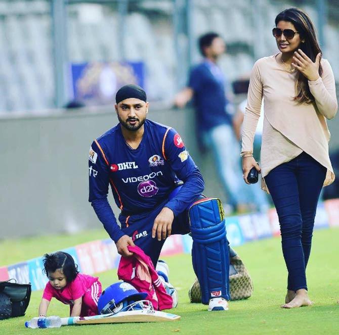 In picture: Harbhajan Singh, Geeta Basra and little Hinaya during the Indian T20 tournament at Wankhede. Harbhajan Singh was part of Mumbai's T20 team during the time