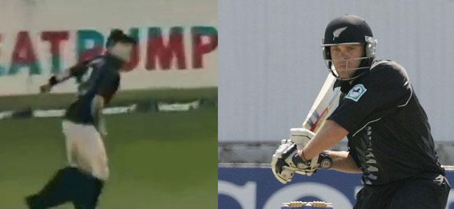 New Zealand player Lou Vincent loses his pants while diving and fielding at boundary during a ODI match. The player still does not care about it, gets up and throws the ball, with his pants down