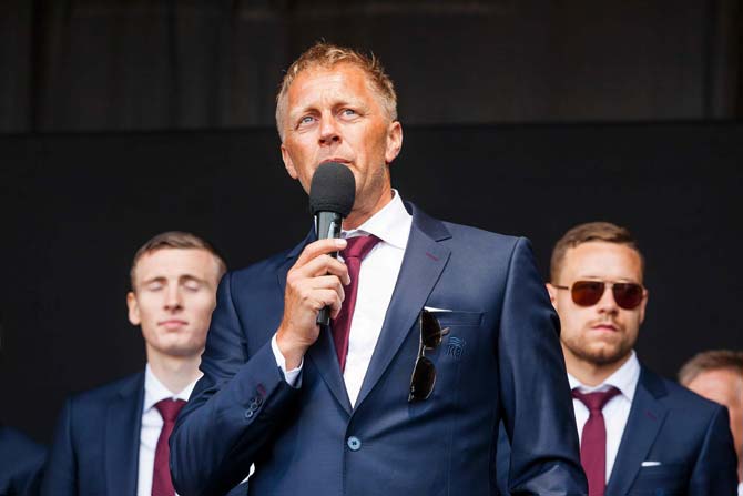 Iceland's manager Heimir Hallgrimsson delivers a speech in Reykjavik. Pic/AFP