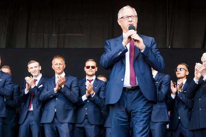 Iceland's coach Lars Lagerback addresses the crowd. Pic/AFP